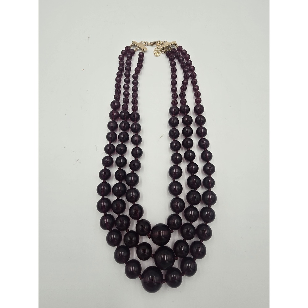 Vintage Dark Purple Triple Strand Graduated Bead Necklace Gold Tone Clasp 18-21"